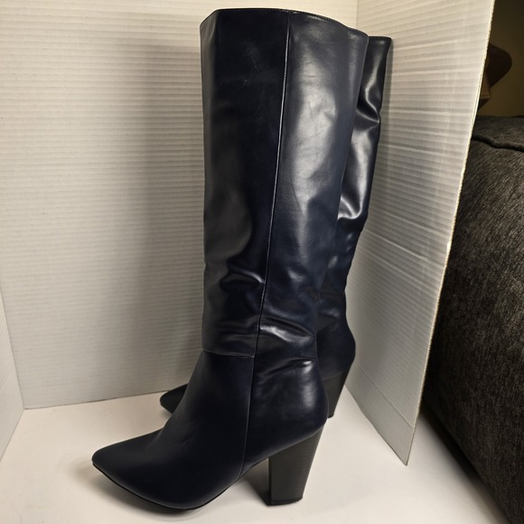 JustFab LIA Knee High Boots Navy Blue Faux Leather Block Heel Size 10 - Picture 2 of 7